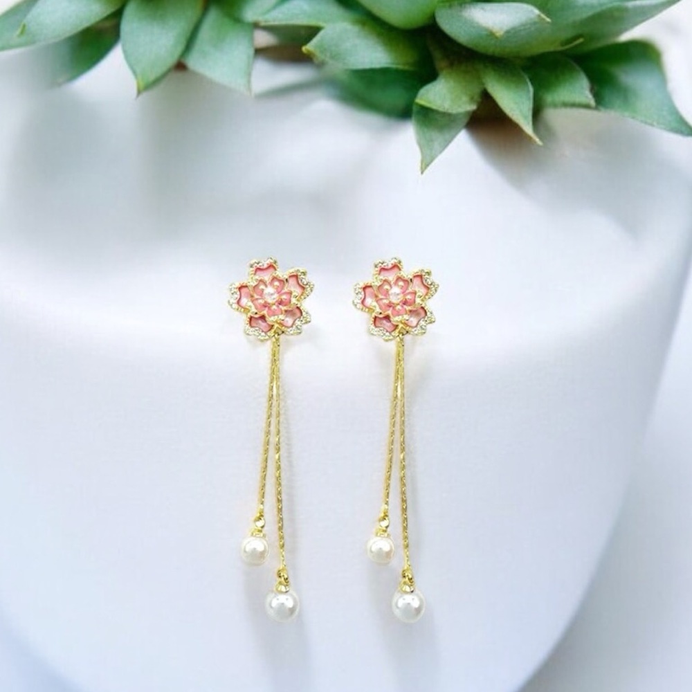 Pink Flower Long Earrings 14k Laminated gold